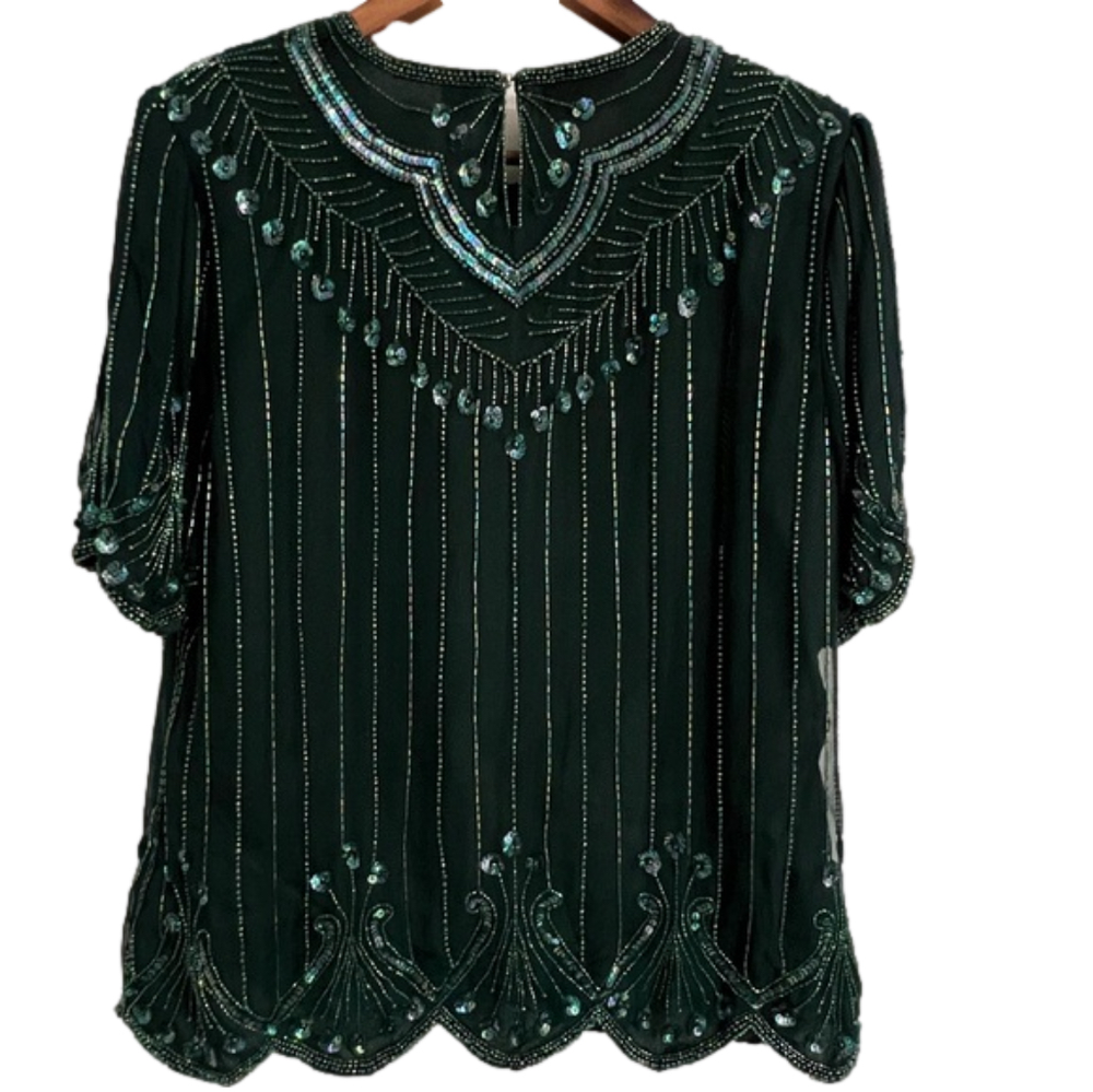 Vintage 1980s Laurence Kazar Emerald Green Beaded & Sequins Silk Top - Picture 2 of 7